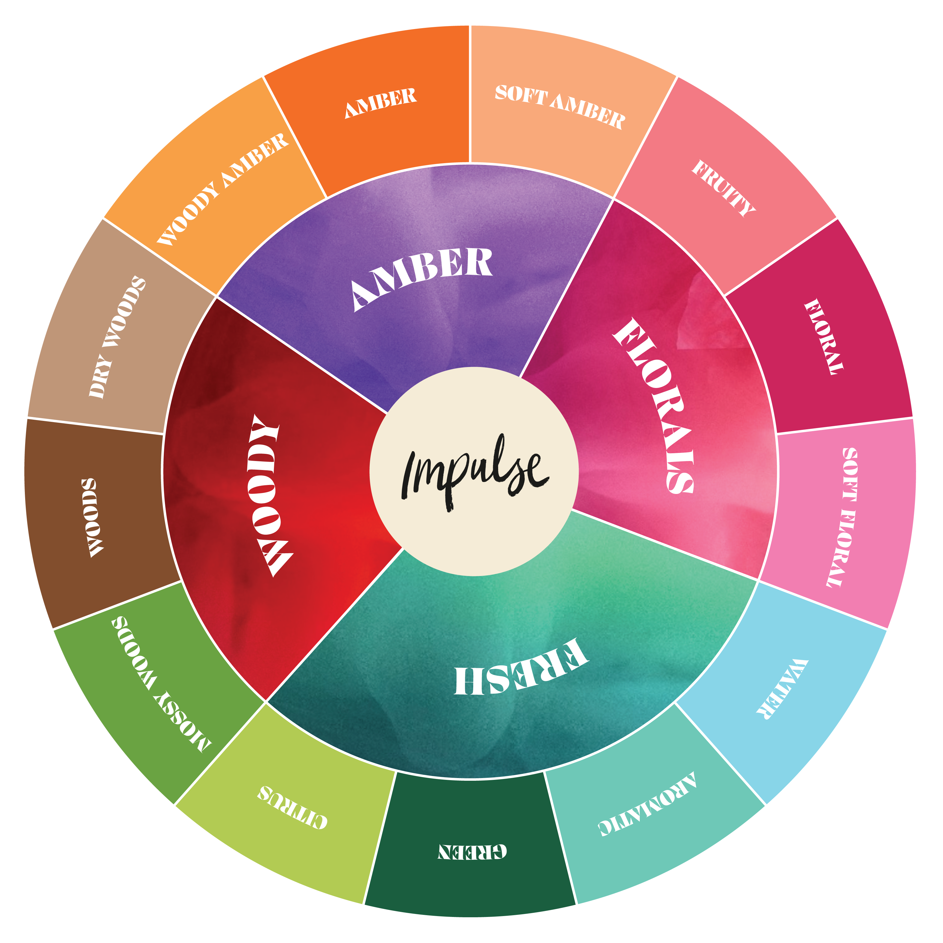 fragrance colour wheel indicating the four key scent spaces: woody, amber, floral and fresh